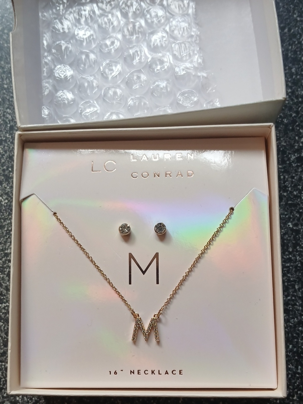 LC Lauren Conrad Gold Initial M Necklace with Crystal Studs